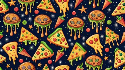 Cosmic Pizza Meltdown A whimsical, otherworldly pattern featuring melting pizza slices, alien faces, and star-shaped sprinkles on a dark background.