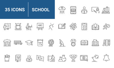 School set of web icons in linear style. Education and knowledge icons for web and mobile app. Back to school. Learning, classroom, students, online education. Vector illustration