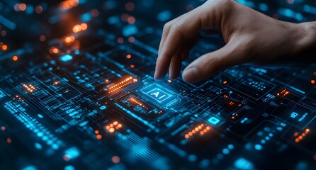 Human hand activates glowing AI button on complex futuristic cir