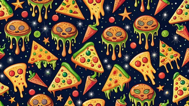 Cosmic Pizza Meltdown A whimsical, otherworldly pattern featuring melting pizza slices, alien faces, and star-shaped sprinkles on a dark background.