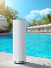 Tall Tumbler Mockup By The Pool In Summer