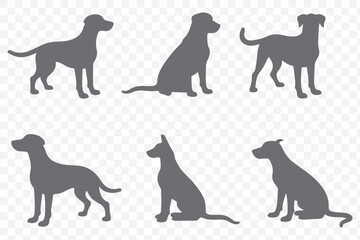 Set of dogs silhouette in different poses. Large set of german shepherd dogs. Hand drawn black dogs isolated on white background. Vector illustration of decorative elements for design decor.