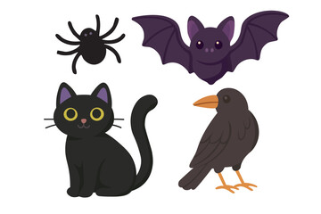 Cute cartoon bat, crow, spider and black cat. Halloween animal clipart set.