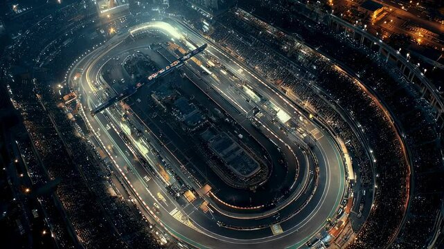 Racing cars speeding around illuminated oval circuit during high energy night competition, packed grandstands filled with passionate motorsport fans watching intense automotive championship event