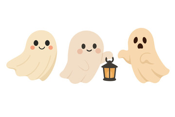 Three cartoon ghosts in different poses. Flat Halloween vector illustration on white background.