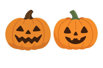 Two cartoon pumpkins with carved faces. Flat vector illustration on white background for Halloween.