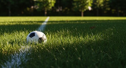 Obraz premium Soccer ball on grassy field, near white line