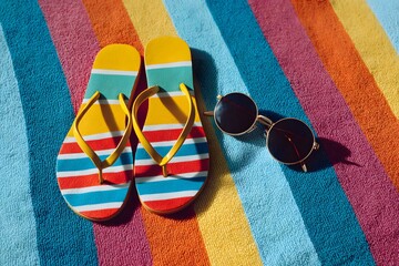 Summer beach vacation essentials flip flops sunglasses and striped towel fun day