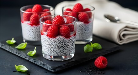 Healthy chia seed pudding with fresh raspberries in glasses
