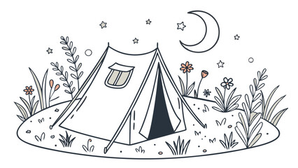 Illustration of a tent at night with a moon and stars surrounded by flowers and plants in a field scene