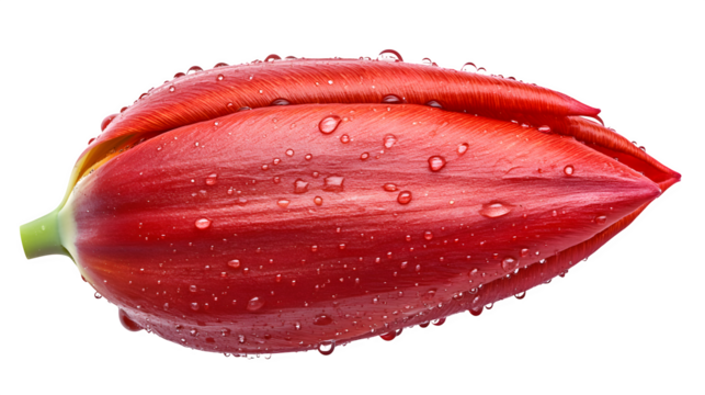 Hyperrealistic photo of a single closed tulip bud (e.g., vibrant red), smooth petal texture, water droplets clinging, sharp focus, macro detail, isolated on Transparent background