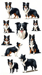 Collection of border collie dogs displaying a variety of poses, highlighting their elegance and energetic nature, ideal for dog enthusiasts and pet-themed designs.