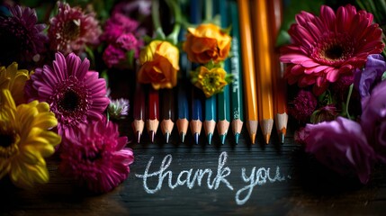 Arrangement of Colorful Flowers and Sharpened Pencils with Handwritten Thank You Message perfect for greeting cards, teacher appreciation designs, creative stationery, and floral-themed marketing
