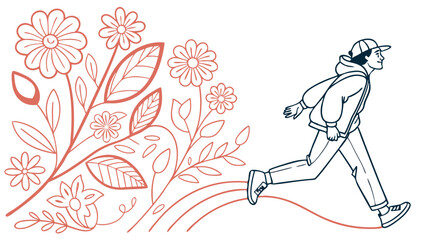 Obraz premium Illustration of a running man with a cap and a hoodie next to flowers and leaves in outline style