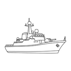 Obraz premium Outline drawing of a navy warship for coloring pages and educational resources for kids on transparent background