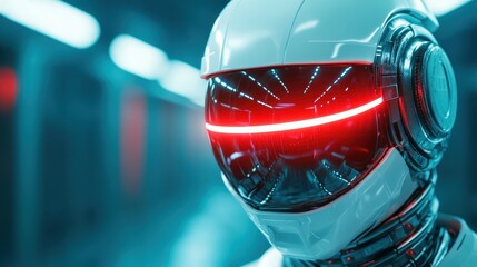 A sleek futuristic robot with a shiny white exterior and striking red LED lights on the visor stands against a blurred, tech-inspired background, symbolizing advanced technology.
