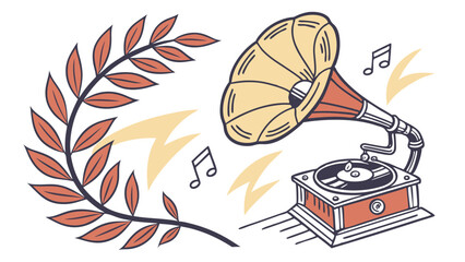 Illustration of a vintage gramophone with music notes and a branch with leaves on a white background
