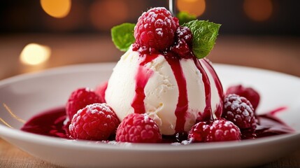 A bowl of creamy vanilla ice cream topped with fresh raspberries and a vibrant berry sauce, garnished with mint leaves for an elegant and refreshing dessert experience.