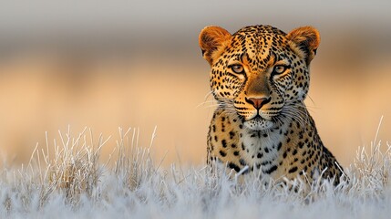 Leopard in frosted grass, golden light