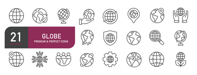 Set of line icons related to globe, earth, gobal, network. Outline icons collection. Editable stroke. Vector illustration.