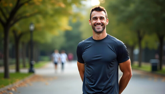 Fit athletic man smiling confidently outdoors in black activewear shirt