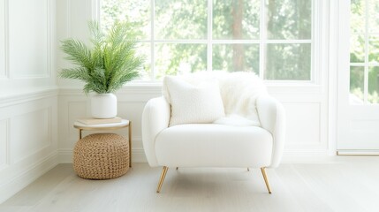 Obraz premium A serene and minimalist living room showcasing a white armchair, plush blanket, and greenery by a bright window, perfect for relaxation and modern aesthetics.