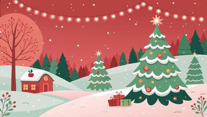Christmas tree with snow in winter landscape holiday card design