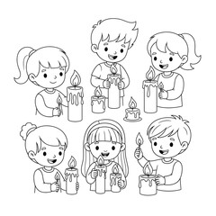 Children holding candles coloring page vector illustration for kids activity book on transparent background