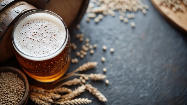 A frothy glass of craft beer sits on a rustic surface surrounded by grains, radiating a warm and inviting atmosphere for beer enthusiasts and home brewers.
