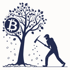Bitcoin Mining Concept Illustration – Money Tree and Miner Vector