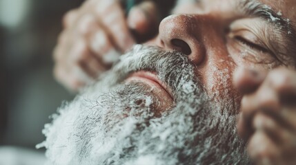 A man receives a traditional shaving treatment with a creamy lather, creating a serene and vintage atmosphere that highlights grooming and self-care rituals for men.
