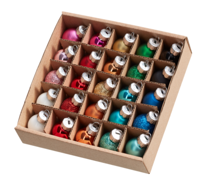 25-compartment square paper box containing Christmas balls cut out isolated transparent background