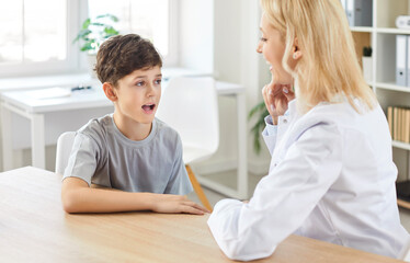 Speech therapist works with a child on language development exercises. The medical professional,...