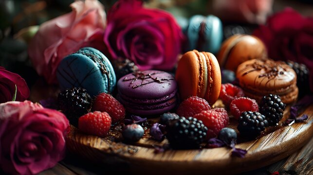 Vibrant Macarons with Dark Roses and Mixed Berries on Wooden Plate perfect for luxury dessert branding, Valentine's Day ads, elegant party flyers, and romantic patisserie promotions