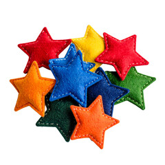 Obraz premium Colorful starshaped felt ornaments for festive decorations. Suitable for Christmas greeting cards, holiday invitations, and seasonal designs.