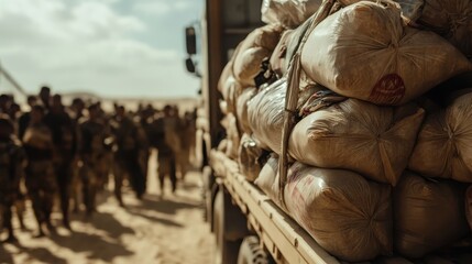 An image depicting military supplies loaded on a truck, with soldiers in the background, highlighting the logistical aspects of military operations in arid environments.