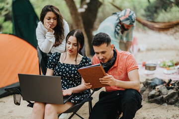 Fototapeta premium Friends using digital devices outdoors. They interact while enjoying nature, technology, and connection. Modern lifestyles blending technology with outdoor explorations and relaxed moments together.