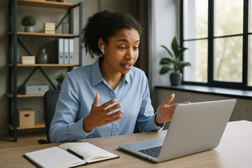 Confident Businesswoman on Video Call in Modern Office with Laptop