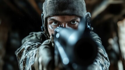 A soldier prepares for action, aiming down the barrel of a weapon in a dimly lit environment, encapsulating focus, tension, and the gravity of military operations.