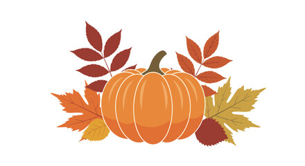 Naklejka premium Festive Autumnal Graphic with Plump Orange Pumpkin and Colorful Fall Leaves Arrangement on White Background