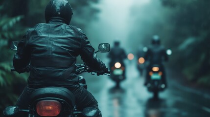 Fototapeta premium A lone motorcyclist rides through a misty forest road under a gentle rain, evoking feelings of adventure, solitude, and connection with nature in a serene and mysterious setting.