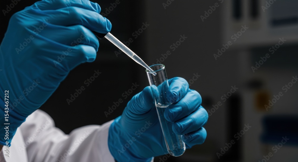 Poster scientist handling test tube with dropper in laboratory setting