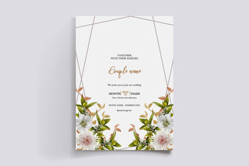 WEDDING INVITATION FRAME WITH FLOWER DECORATIONS AND FRESH LEAVES