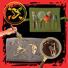 Dinosaur fossil excavation and archaeology tools flat cartoon vector illustration