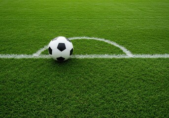 Soccer ball positioned in corner of a green field