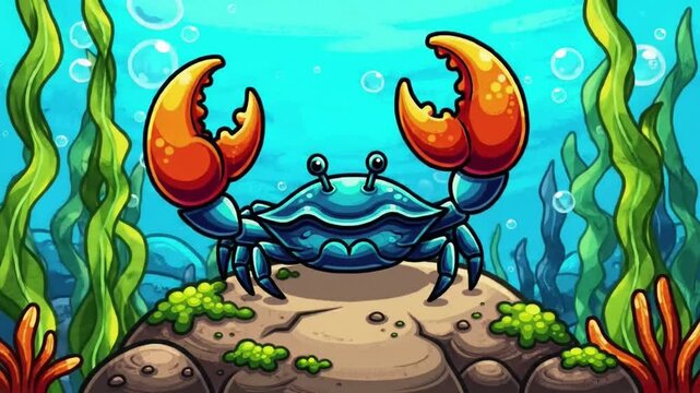 Crab with claws raised, sitting on a rock