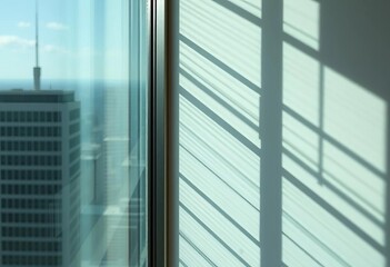 Streaks of city light reflected in a skyscraper's window pane, casting an abstract pattern on the wall, texture, office