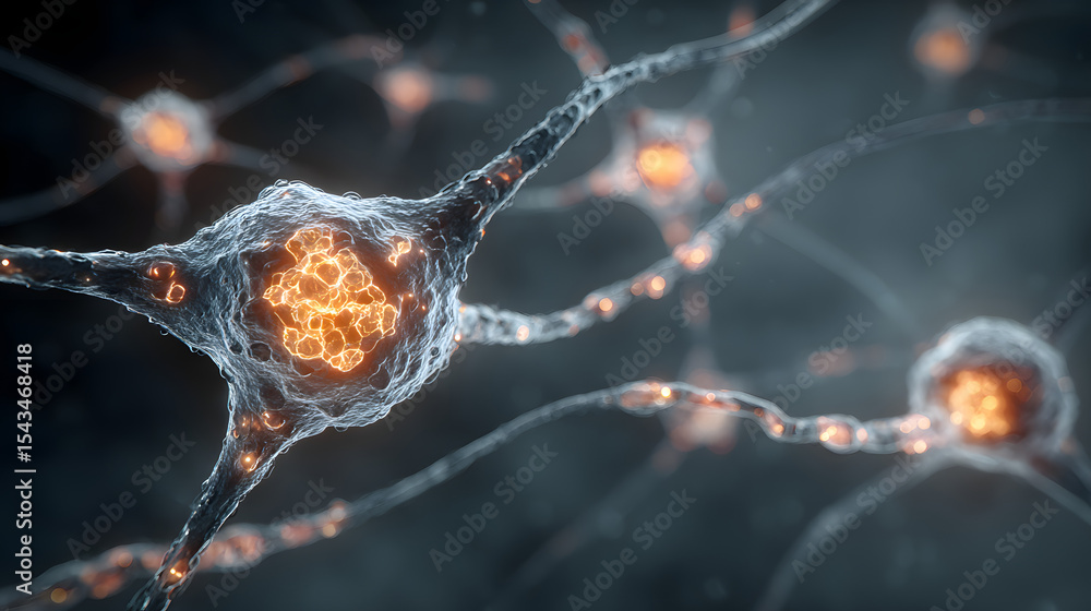 Poster conceptual illustration of neuron cells with glowing synapses, showcasing neural networks and brain 