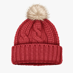 Cozy red knitted winter hat with a fluffy cream-colored pompom on a white background.