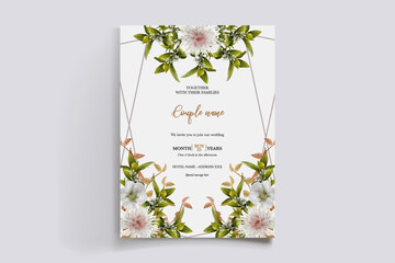 WEDDING INVITATION FRAME WITH FLOWER DECORATIONS AND FRESH LEAVES